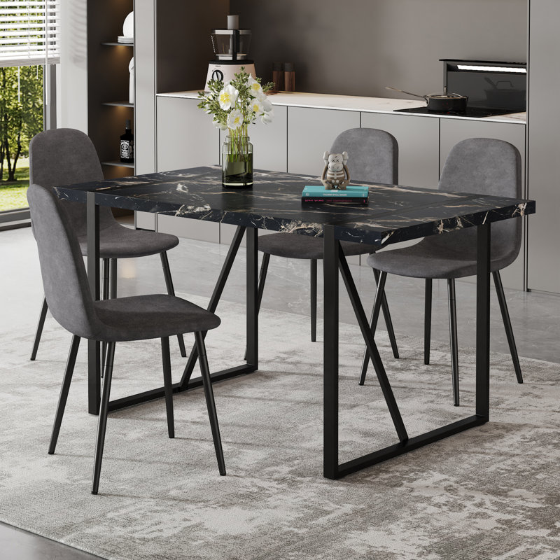 Ensemble de table de salle à manger 5 pièces 5 pièces, table de cuisine rectangulaire à imprimé marbre 55 po avec 4 chaises rembourrées, ensemble de salle à manger moderne à pieds en métal pour 4