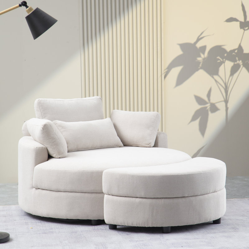 Danieal Upholstered Barrel Chair with Ottoman, Beige Linen