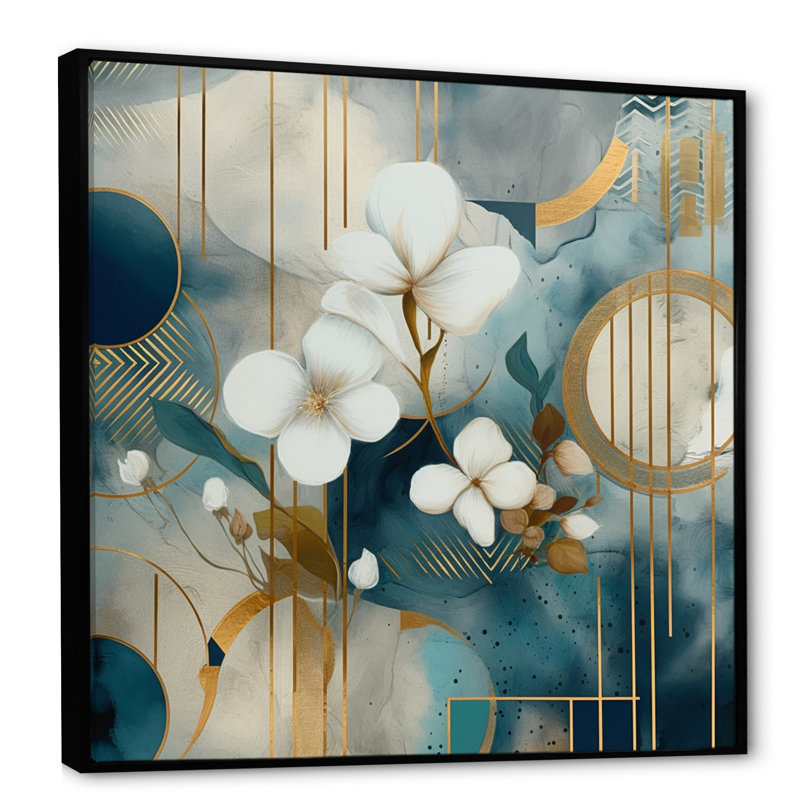 Motif floral doré bleu mosaïque III - impression, H 16 po x l 16 po x P 1 po, Cadre flottant noir
