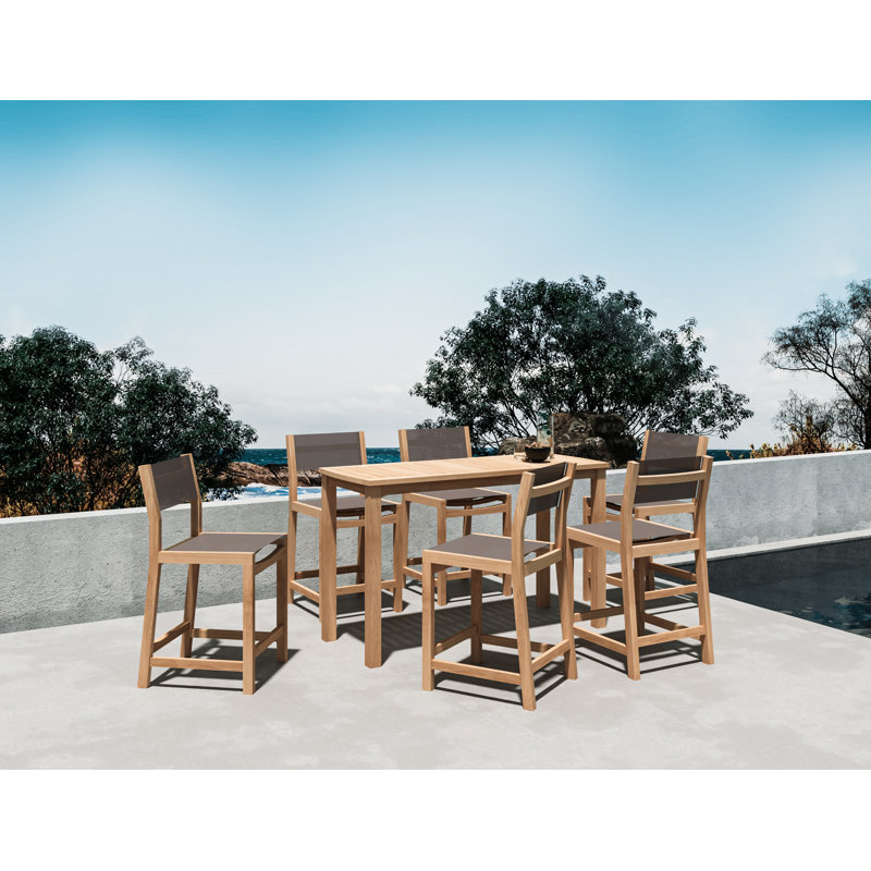 Marais 7-Piece Rectangular Teak Outdoor Counter Height Dining Set, Tan