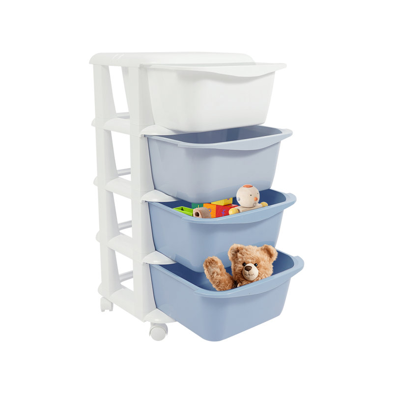 4 Drawer Storage Drawer with Wheels, White/Blue