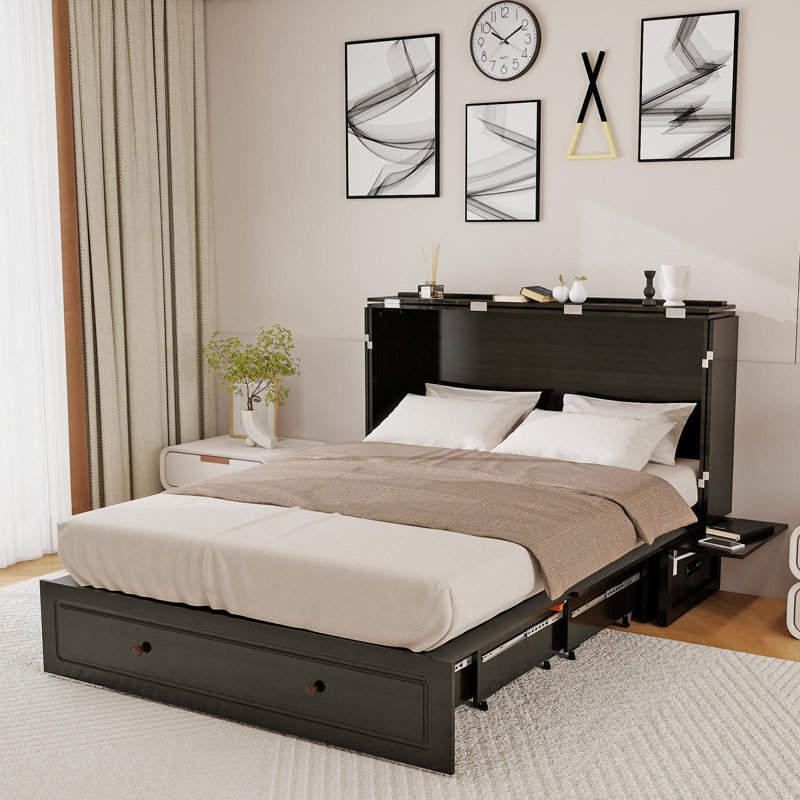 Grand lit escamotable avec rangement encastré et grand chargeur noir