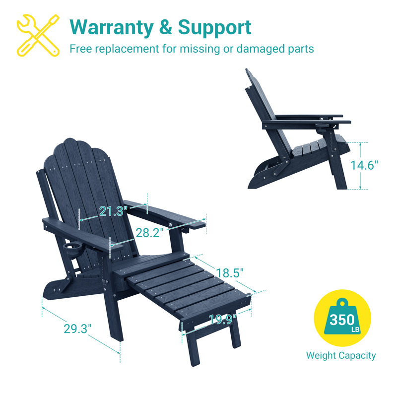 Folding Adirondack Chair with Retractable Ottoman and Cup Holder, Outdoor HDPE Lounge Chair, Navy