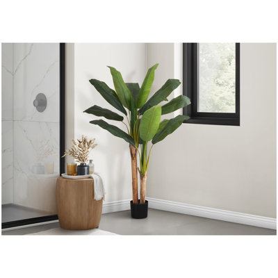 Plante artificielle, 55 po de haut, bananier, intérieur, faux, faux, plancher, verdure, pot, touche réelle, décoratif, feuilles vertes, pot noir