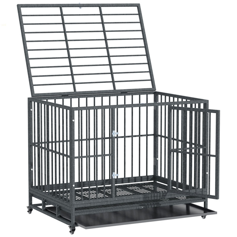Chenil en cage robuste pour chien 43 po Pawhut avec roues verrouillables, porte double et plateau amovible, gris