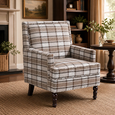 Chaise décorative à carreaux rétro avec accoudoirs pour le salon, petites chaises de chambre à coucher, chaise d'appoint d'appoint antique, dossier haut, coussin de siège à tiques, revêtement en tissu (café)