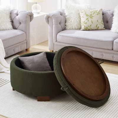Repose-pieds rond avec couvercle réversible, repose-pieds en tissu Boucle avec rangement caché et pieds en bois, siège multifonctionnel et table d'appoint pour le salon, la chambre