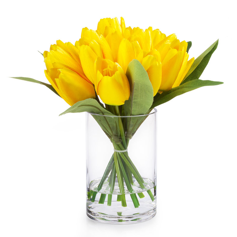 Arrangement floral 18 tulipes en soie dans un vase, Jaune
