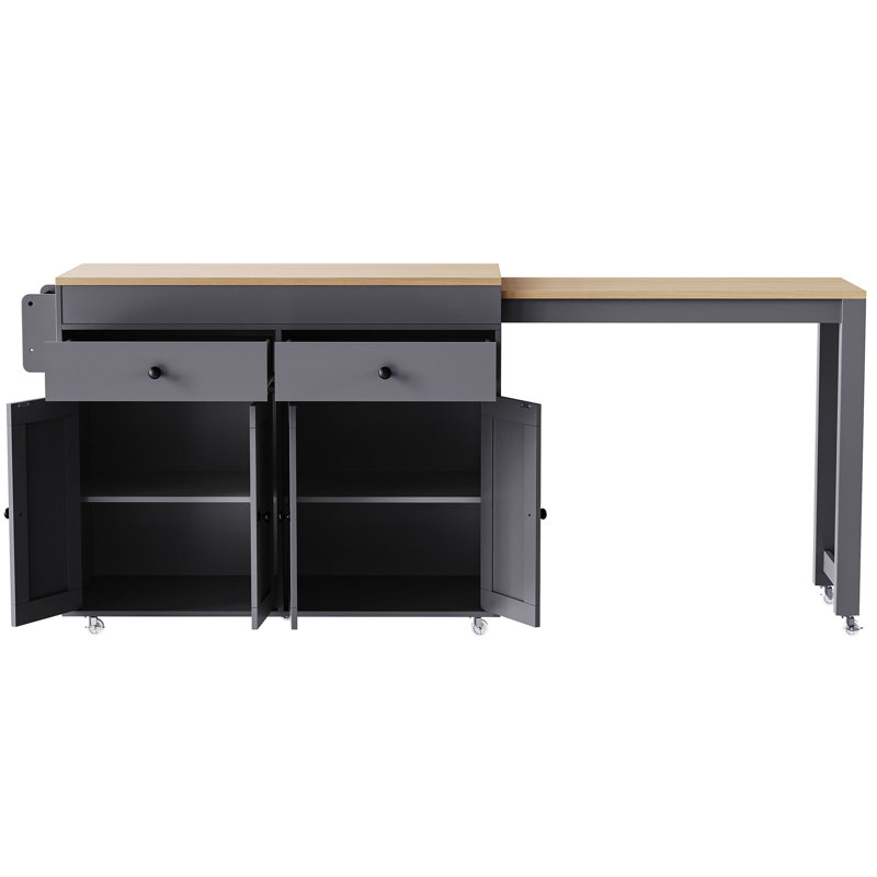 Grey Rolling Kitchen Island With 4 Door Storage & Extendable Table Ample Cabinet Space