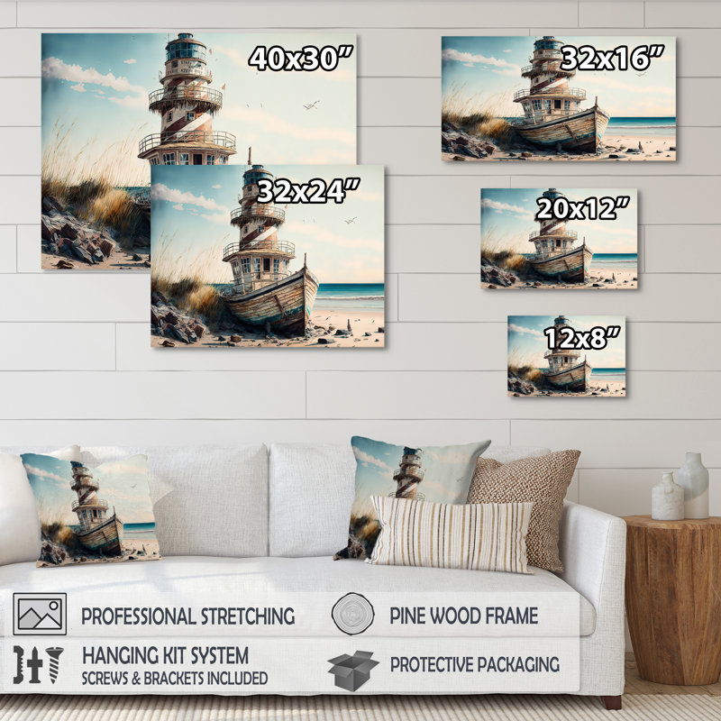 Bateau de pêche et phare II - plage, art mural sur toile, H 30 po x l 40 po x P 1,5 po, Toile tendue