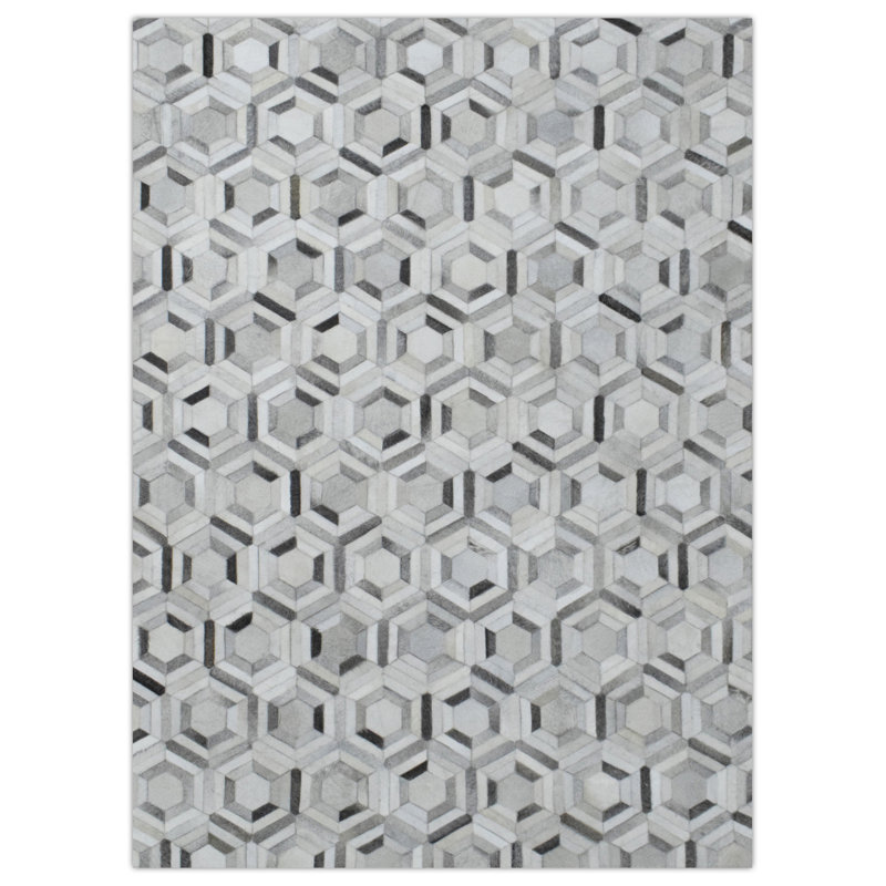 Tapis géométrique en cuir tissé à plat à la main Fredegaest blanc et gris, Rectangle 9 pi x 12 pi