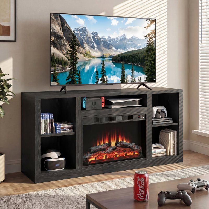 Vildana TV Stand for TVs up to 65" with Electric Fireplace Included, Black