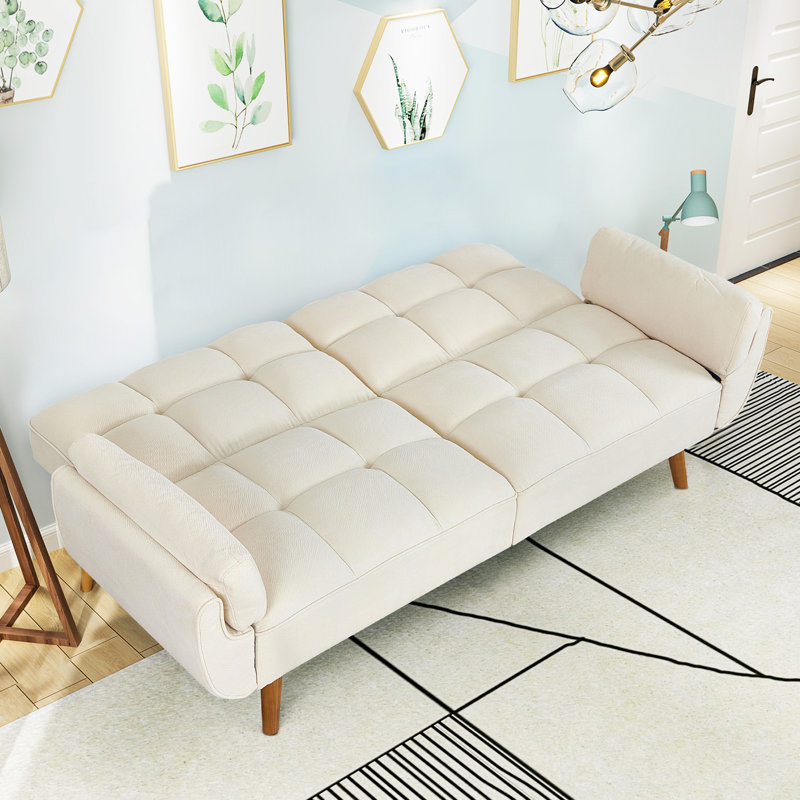 Kamaren Full 75.39" Futons Upholstered Convertible Sofa, Ivory Polyester Blend