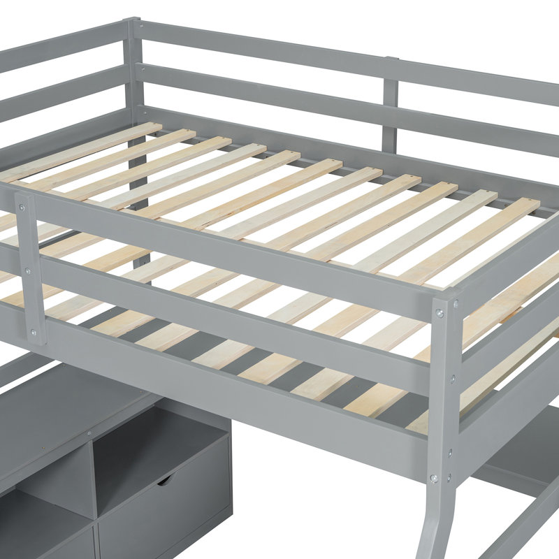 Lit mezzanine double avec 7 tiroirs, 2 tablettes et un bureau, Gris