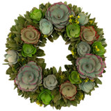 Wooden Mini Flowers Artificial Spring Wreath - 14" - Green And Yellow