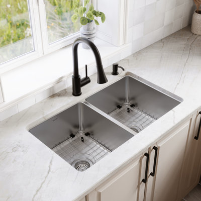 Karran Lansen 32" Undermount 18 Gauge Double Equal Bowl Stainless Steel Sink with Accessories