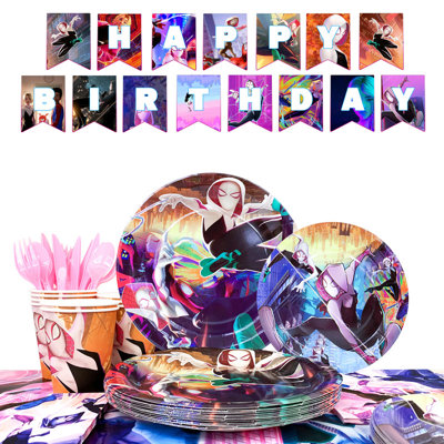 Spider Gwen Birthday Party Decoration Tableware,114Pcs Tablecloth Banners Plates