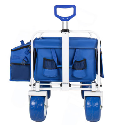 Chariot de plage, chariot pliable robuste de 500 lb, surdimensionné 150 L, roues tout-terrain en PVC de 9 po, poignée réglable, glacière et sacs de rangement pour la plage, le camping, le jardin et les sports de plein air, bleu