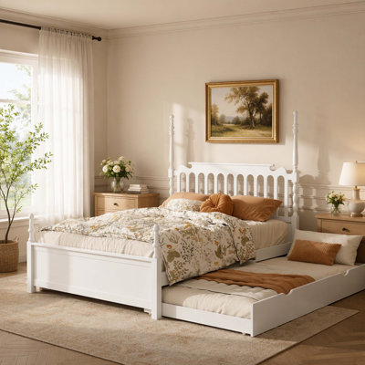 Queen‑Size Wooden Platform Bed Frame with Twin‑XL Trundle Bed and 2 Under‑Bed Storage Drawers, Classic Spindle Headboard Design, White