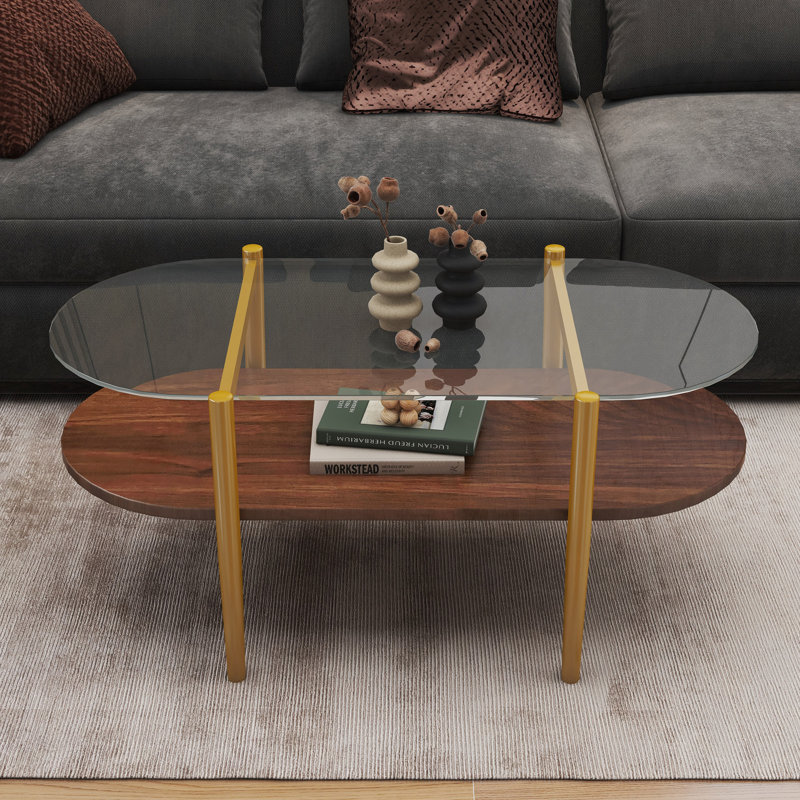 Table basse ovale de style moderne en verre, longueur 41 po x largeur 21 po x hauteur 17 po, pour le salon, structure double couche avec fonction de rangement, verre transparent
