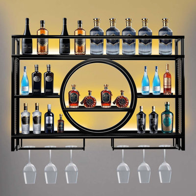 Metal Wine Rack Wall Mounted With LED Light, 3-Tier Bar Liquor Shelf With Wine Glass Holder, Modern Large Capacity Liquor Bottle Display Storage Shelf For Home Bar, Dining Room(Black, 120 * 80 * 15)