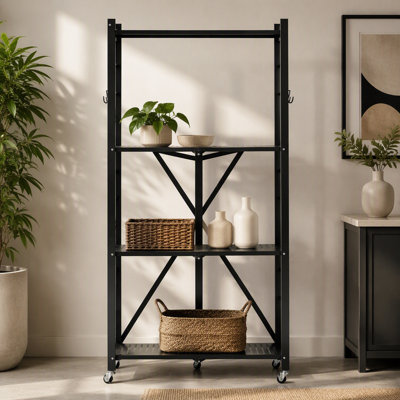 Étagère de rangement pliable à 4 niveaux, 71 cm (L) x 33 cm (P) x 137 cm (H), en métal, sans montage, avec 5 roulettes et 4 crochets, idéale pour le garde-manger, la cuisine, le garage ou la cave, couleur noire.