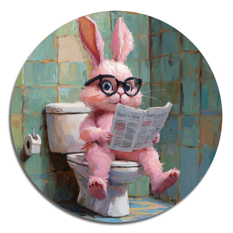 Lapin lisant les nouvelles dans la toilette I - Lapin, décoration murale ronde en métal, H 36 po x l 36 po