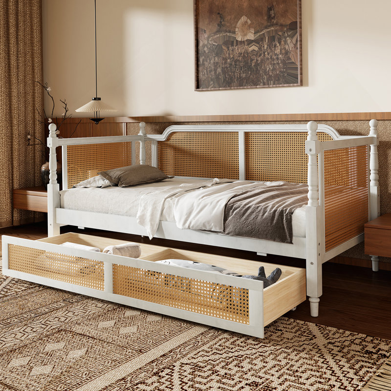 Rattan Daybed With 2 Drawers, Twin, Antique White