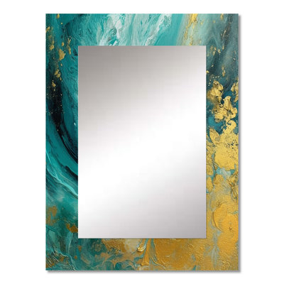 Golden Turquoise Waves Breaking Abstract III - Abstract Shapes Decorative Mirror, Gold Large Wall Mirror, Printed Metal Art