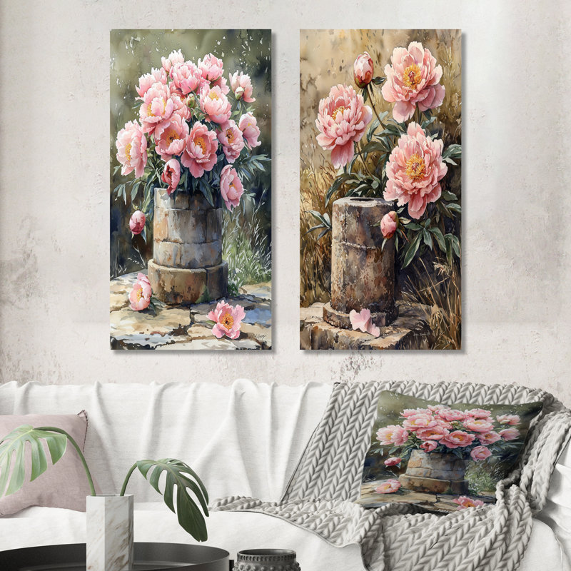 Pivoines par le puits de ferme I - ensemble d'art mural en métal pivoine rose, 32" H x 32" W
