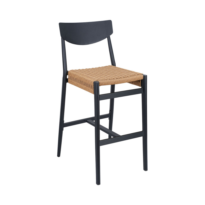 Élégant tabouret de bar d'extérieur en aluminium noir avec siège tissé en térylène naturel