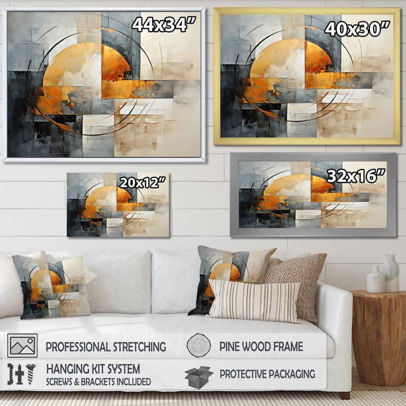 Reproduction d'art sur toile Collages abstraits dorés et gris VI, Cadre doré simple, H 16 po x l 32 po x P 1 po