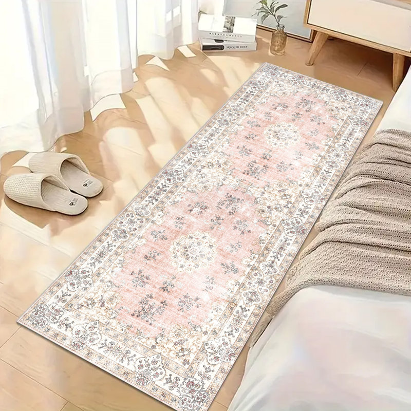 European-Inspired Floral Hallway Runner Rug with Non-Slip Rubber Backing, Machine Washable Polypropylene Accent Rug