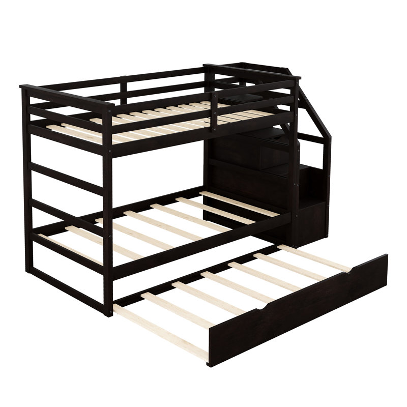 Lit superposé Twintwin avec lit gigogne et 3 escaliers de rangement - idéal pour les chambres, Espresso