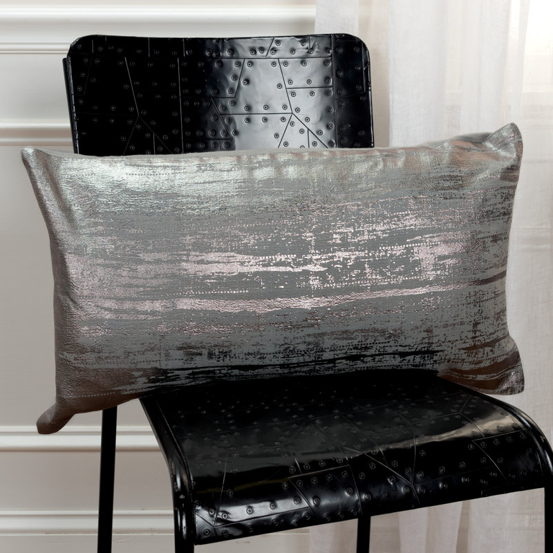 Silver Foil Printed Cotton Lumbar Throw Pillow 14" x 26"