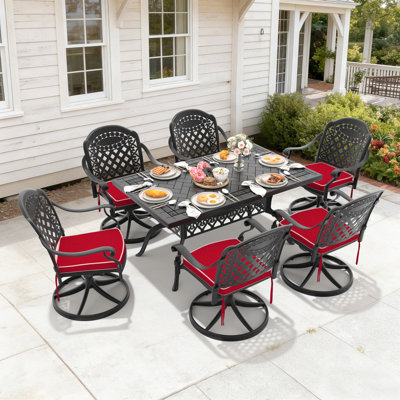 59.06"L Rectangle Cast Aluminum Outdoor Dining Table & 6 Swivel Chairs with Red Cushions(7-Piece)