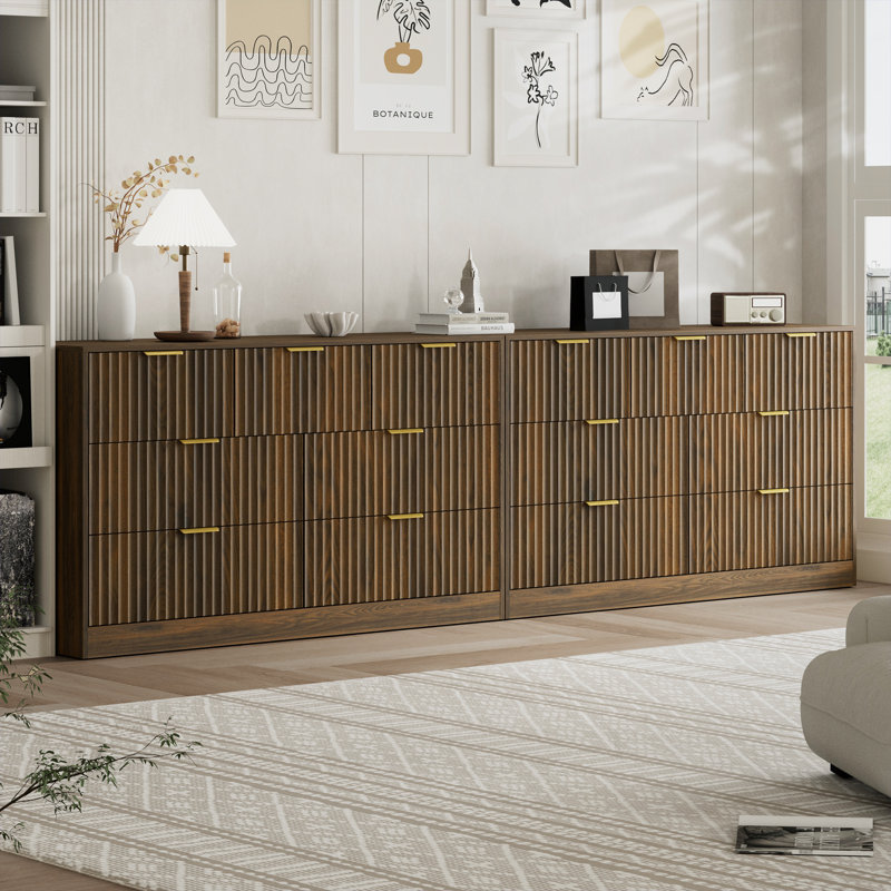 Fluted Dresser For Bedroom With 7 Drawers, 55" Wide Modern Chest Of Drawers With Metal Handle, Rustic Walnut