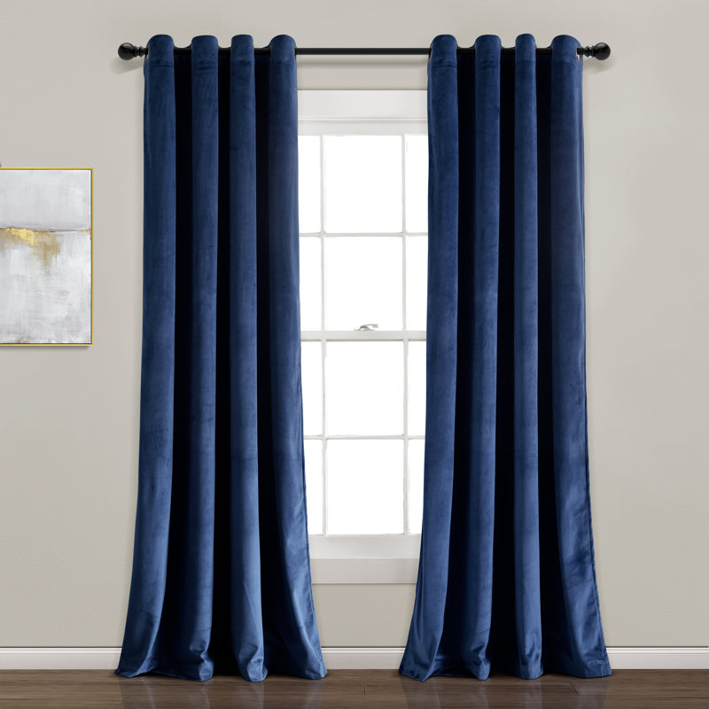 Prima Velvet Solid Blackout Polyester Curtain, Navy