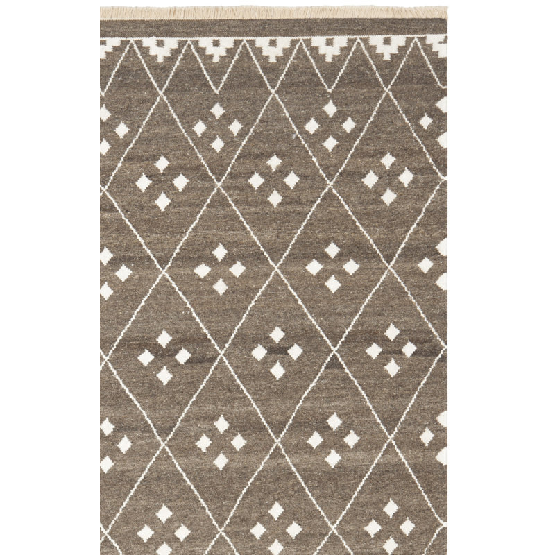 Mill Natural Hand Woven Wool/Viscose/Cotton Geometric Rug in Ivory/Brown, Square 7'
