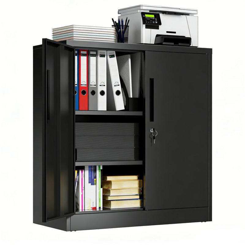 Armoire de rangement en métal avec serrure, armoire de garage 2 portes avec 2 tablettes réglables, classeur en acier robuste pour la maison, le bureau, le garage et l'école (noir, H 35,4 po)