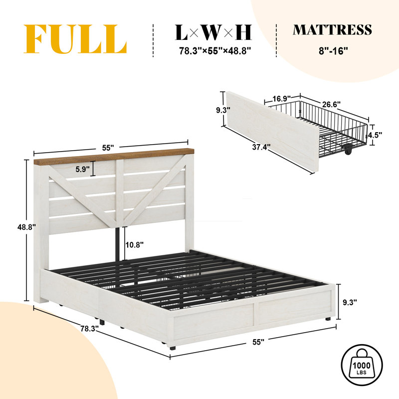 Oceant Farmhouse Full Size Bed Frame with 4 Drawers, White, Full, White