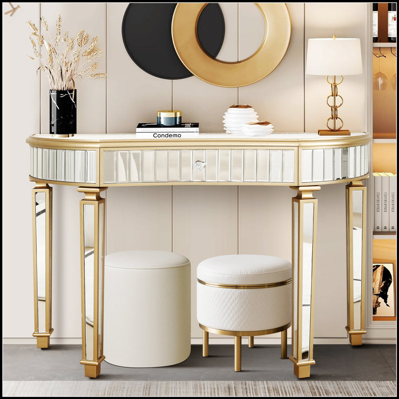 Console à miroir en demi-lune de 47 pouces avec verre cannelé et tiroir en cristal - Meuble-lavabo élégant pour les chambres et les vestiaires