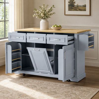 Large Kitchen Island with Trash Can Storage, Embossed Texture, Rolling Cart on 4 Wheels, 2 Doors, 3 Drawers, Drop Leaf, and Power Outlet