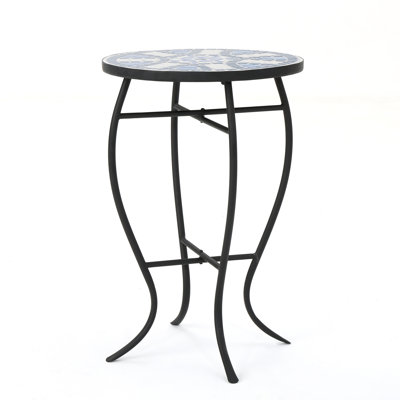 Outdoor Round Side Table With Mosaic-Style Top And Curved Iron Legs, End Table-Blue ,Wihte And Matte Black