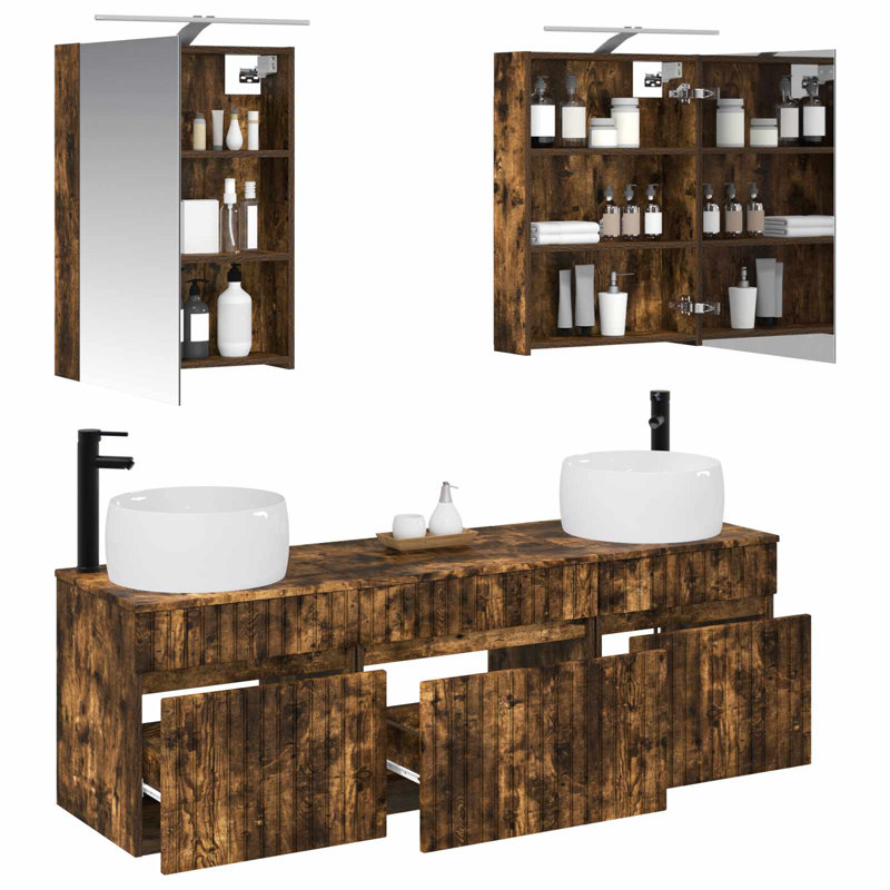 Vanity & Mirror Set, Smoked Oak