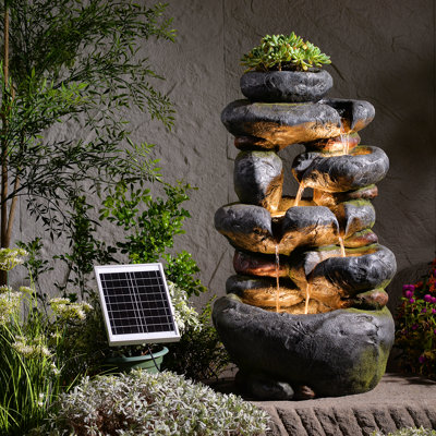 Fontaine de jardin à 5 niveaux avec fontaine d'eau en cascade, 29,5 po de fontaines extérieures à énergie solaire et cascades avec lumières pour le jardin, le patio, la cour, la terrasse