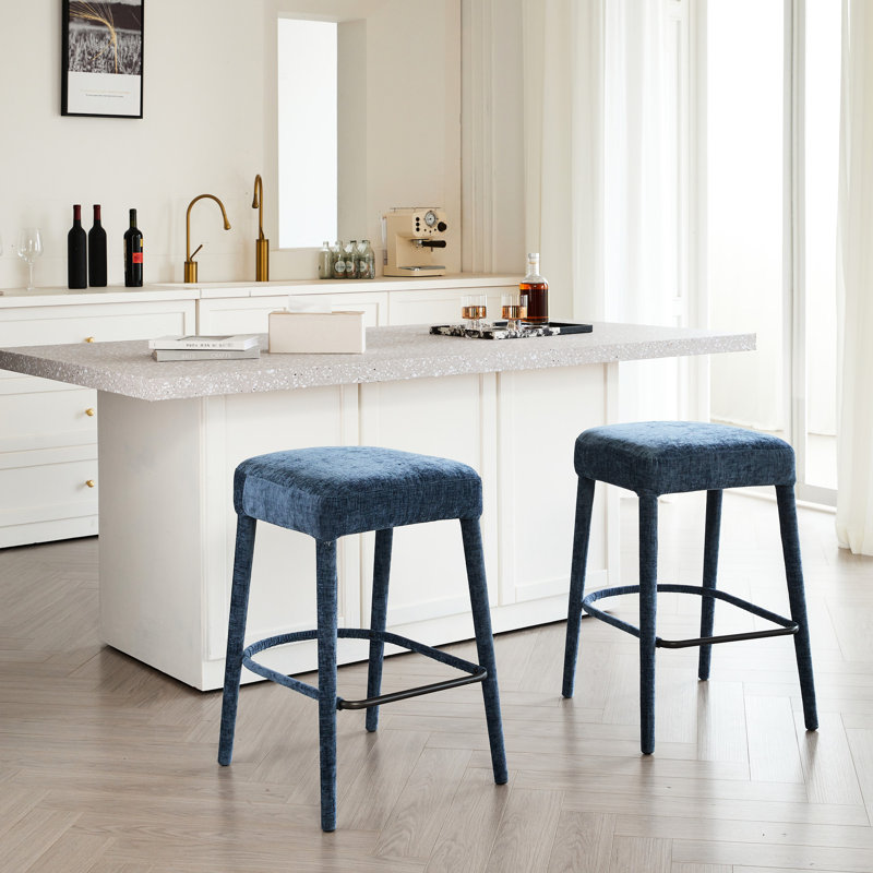 2 de tabourets de bar rembourrés bleus sans dossier, et élégants, pour un espace de travail pour la salle à manger, Bleu