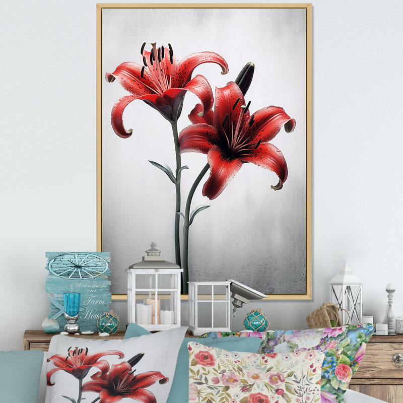 Pétales de lis rouges et gris sur toile, H 44 po x l 34 po x P 1,5 po, Cadre naturel flottant
