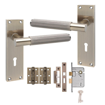 Golden Grace Victorian T-Bar Knurled Lock Door Handle Set Antique Brass Finish with 2.5" 3 Lever Mortise Lock - 150mm
