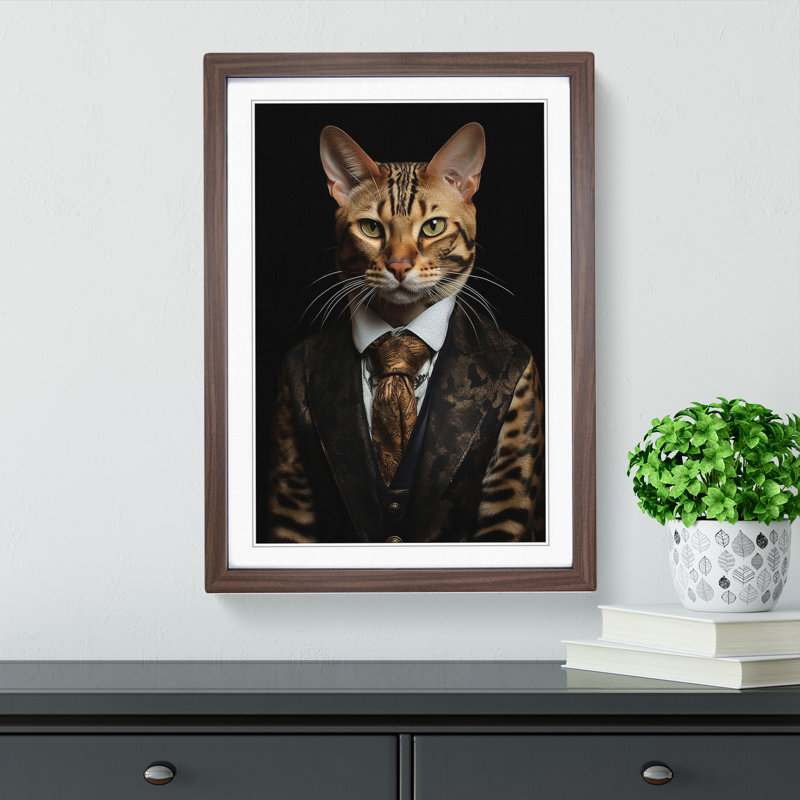 Bengal Cat in a Suit Painting - Framed Print, Walnut, 34cm H x 25cm W x 2cm D